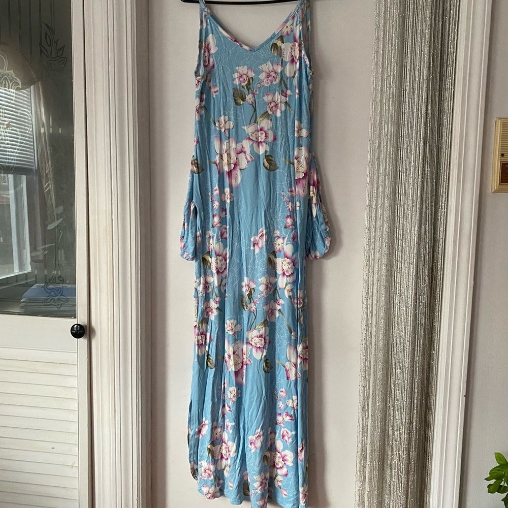 Women's Summer Light Blue Maxi Dress Long Side Pockets Double Side Slits Floral - Picture 5 of 10